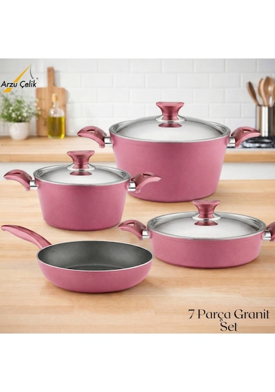 7 Parça Granit Set Çelik Kapak - Mürdüm Mürdüm
