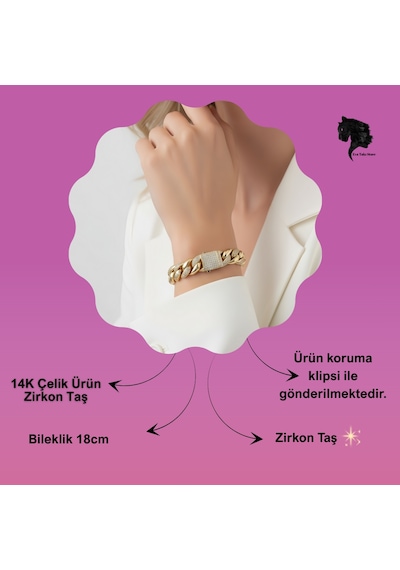 Eva Takı Store Küba Zinciri 14k Vip Seri Cuban Lınk Hip Hop Rhinestone Çelik Bileklik Altın