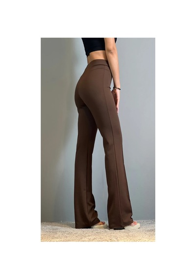 Thiff Gymwear Krep Kumaş Likralı Önü Çimalı Bej Kadın Palazzo Pantolon Kahverengi
