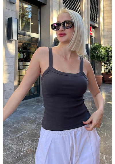 Madmext Füme Fitilli Görünümlü Askılı Basic Atlet Mg2236 Füme
