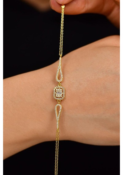 Roza Silver Zirkon Taşlı Gold 3 Sıra Baget Gümüş Bileklik