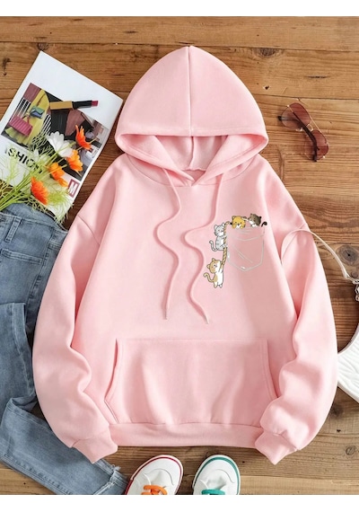 Startmore Pembe Kadın Renkli Cat Özel Göğüs Baskılı Oversize Pamuklu Kapüşonlu