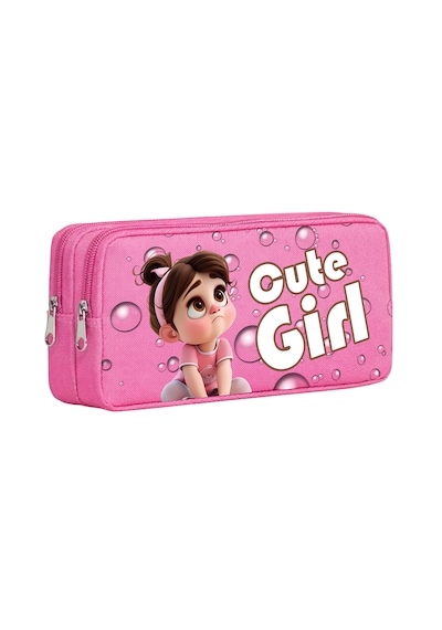 Cute Girl Köpük Baloncuk Desenli Çift Bölmeli Kalemlik Pembe