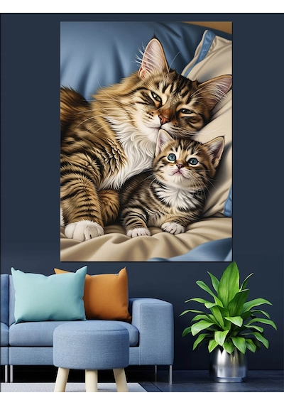 Ahşap Tablo Uyuyan Sevimli Kedi Dostlar