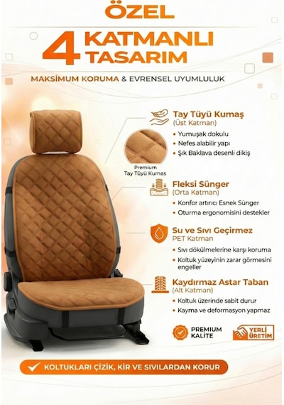 Oto Koltuk Kılıfı Tay Tüyü Tekli Ön Minder 4 Katmanlı Terletmez Airbag Uyumlu - Taba