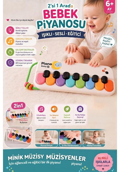 Işıklı ve Sesli 2'si 1 Arada Pilli Eğitici Bebek Piyanosu 2 Kademeli Ses Ayarlı İlk Piyano Deneyimi Yeşil