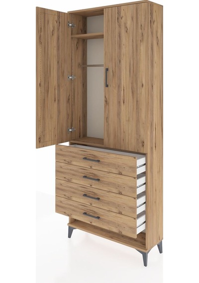 Arges Dolap 2 Raflı 4 Çekmeceli Tek Askılı 88x30x221 Çam-çam Çam