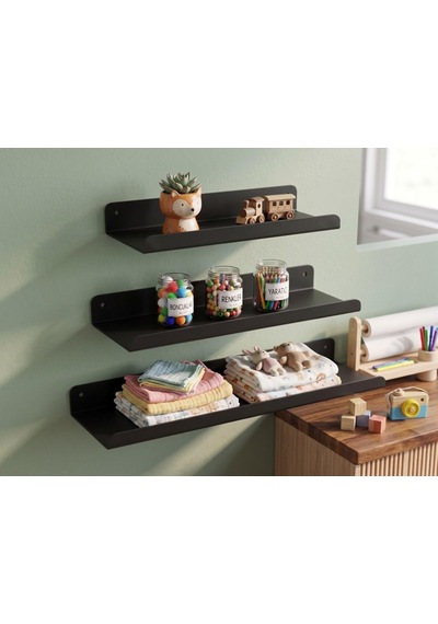 3 Lü Metal Duvar Rafı Yapışkanlı Raf Seti Banyo Rafı Mutfak Rafı Dekoratif Duvar Rafı Siyah Minimal Raf Organizer Seti 30-35-40 Cm Abanoz - Beyaz
