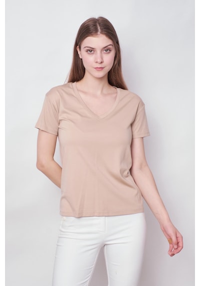 Jument Kadın V Yaka Kısa Kol Likralı Span Kumaş Şık T-shirt Bluz-koyu Bej K.bej