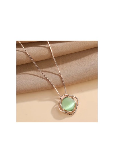 Junea - Rose Gold Zincirli Yeşil Taşlı Geometrik Şık Tasarım Minimalist Kolye Ve Küpe Takı Seti