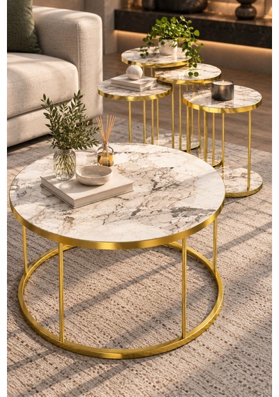 Sulorahome Efes Beyaz Mermer Desenli Gold Metal Ayaklı 4'lü Sehpa Seti Tablalar Beyaz Mermer / Ayaklar Gold