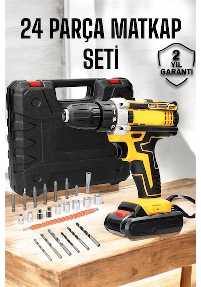Hubrendy Tekno Çift Bataryalı Metal Dişli Darbeli Şarjlı Matkap Seti 24w Güç Ve 24 Parça Aksesuar