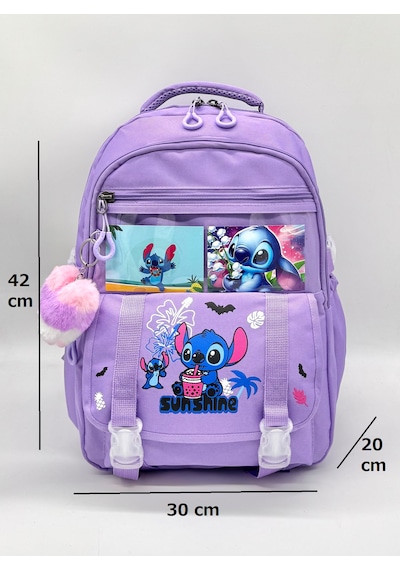 Stitch Desen Aksesuarlı Kore Tarzı Termal Beslenmeli Ve Kalemlikli Kız Çocuk Okul Sırt Çantası Seti Lila