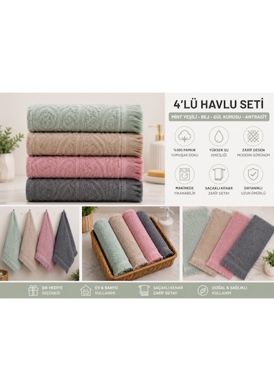 Pamuklu Mutfak Havlusu 4'lü Set 30x50 Cm El Ve Kurulama Havlusu Yumuşak Emici Çok Amaçlı Mint