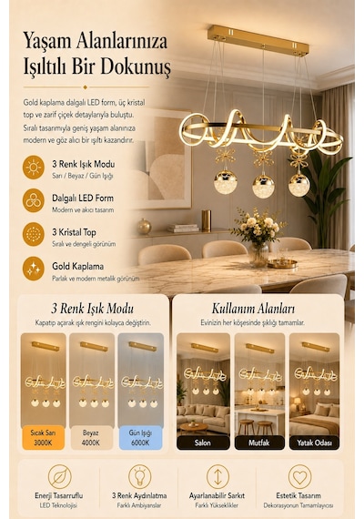 Ey-El Tasarım Kuzey Sıralı Gold Kaplamalı 3 Renk Sarkıt Led Avize Modern Gold