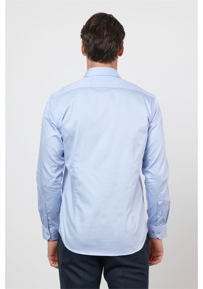 İmza Açık Mavi Sert Yaka Uzun Kol Cepsiz Saten Slim Fit Pamuk Gömlek 1004260424 2XL