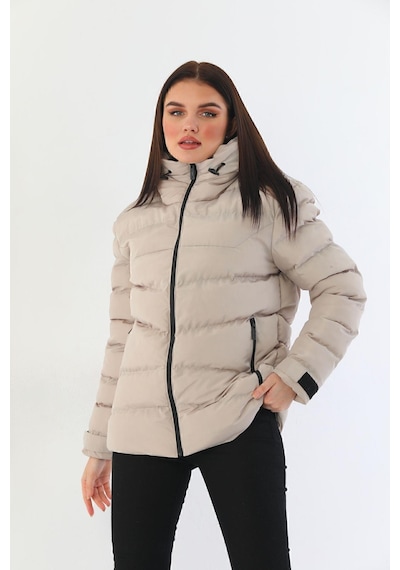 Spor Kadın Polarlı Kürklü Kapüşonlu Su Geçirmez Rüzgara Dayanıklı Şişme Mont Parka-104 Taş
