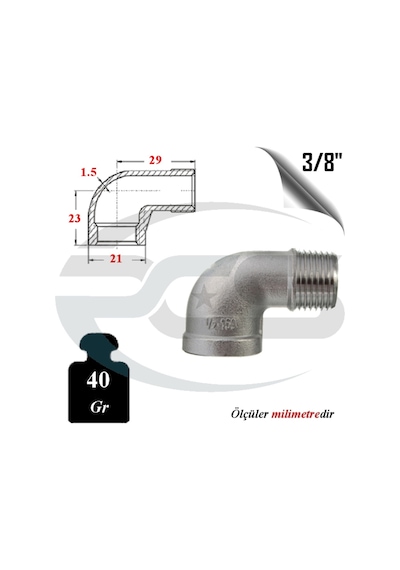 Paslanmaz Çelik 304 Kalite 3/8" Kuyruklu Dirsek