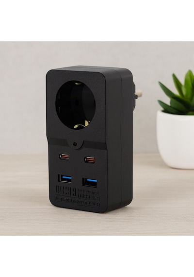 Termal Akım Korumalı Duvar Prizi - 1 Priz, 2xusb, 2xtype-c 10a/2500w Siyah