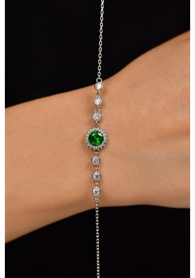Roza Silver Zümrüt Taşlı Rodyum Yuvarlak Anturaj Gümüş Bileklik