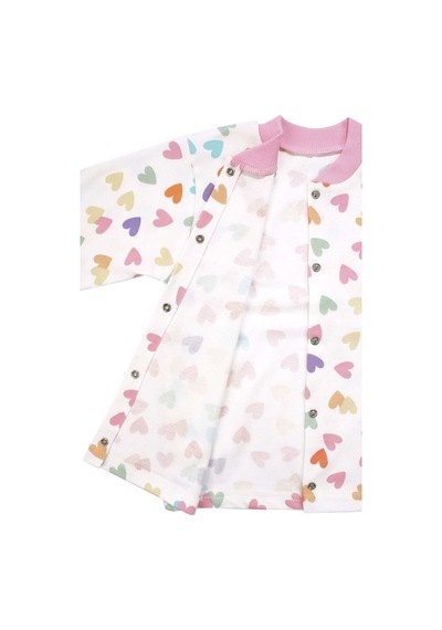 Bebegen Kız Çocuk Ekru Pembe Renkli Kalpli Desenli Çıtçıtlı Pijama Takımı Çok Renkli