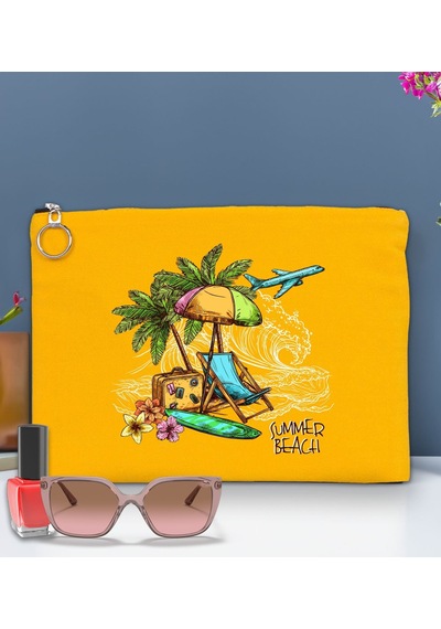 Bk Gift Yaz Temalı-9 Astarlı Sarı Portföy Çanta 30x21cm, Baskılı El Çantası, Organizer Çanta