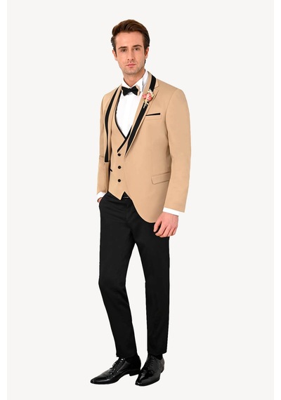 Ysf Erkek Bej Slim Fit Yelekli Şal Yaka Damatlık