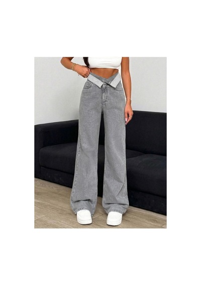 Kene Jeans Yüksek Bel Gri Kar Kemer Yakalı Bol Paça Jeans Gri Kar