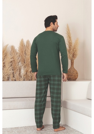 Sude Homewear Erkek Ekoseli Cepli Uzun Kollu Pijama Takımı Haki