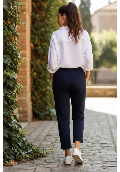 Sy & Black Kadın Çelik Örgü Beli Lastikli Ve Bağcıklı Geniş Beden Aralıklı Jogger Pantolon 25p-03 Lacivert Lacivert