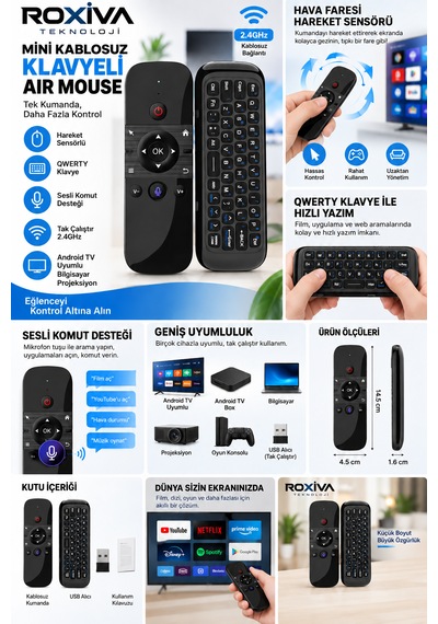 Mini Kablosuz Air Mouse Klavyeli Kumanda Android Tv / Tv Box /pc/projektör Uyumlu