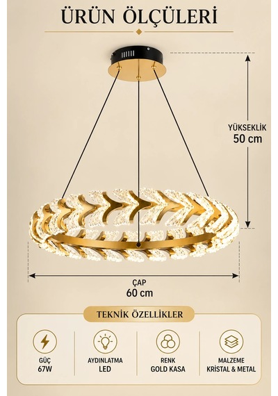 Modern Premium Led Avize Gold Kasalı Dekoratif Sarkıt Avize Salon Mutfak 67w