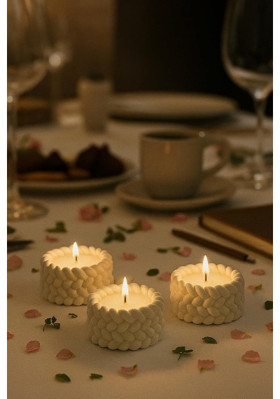 Tr Örgü Desenli 3'lü El Yapımı Mumluk Seti Tealight Uyumlu Modern & Doğal Dekoratif Aksesuar + Tealight Mum He Diğer