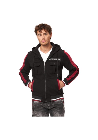 Cipo & Baxx Erkek Kapüşonlu Fermuarlı Şerit Detaylı Cepli Sweatshirt Ceket Cl586 Siyah