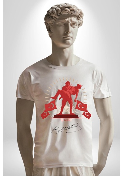 18 Mart Çanakkale Atatürk İmzası Unisex Unisex Beyaz Organik Baskılı T-shirt Penye Yüksek Kalite Beyaz