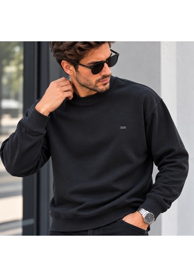 Erkek Modal Kumaş Bisiklet Yaka Sweatshirt Şık Tasarım, Tam Kalıp Siyah