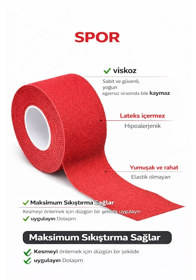 Rijit Fiksasyon Yapışkanlı Sporcu Bandajı 3.7cm X 10 Metre Kırmızı