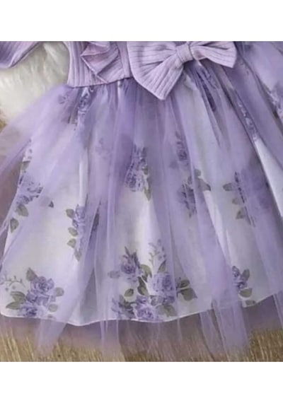 Retro Women Kız Çocuk Lila Mor Çiçekli Uzun Kollu Tütü Özel Gün Hediye Doğum Günü Abiye Prenses Şık Elbise Mor