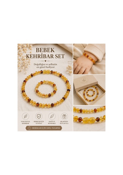 Bebek Kehribar Kolye Bileklik Seti Güvenlik Kilitli Bebek Diş Kolyesi Sarı Sarı