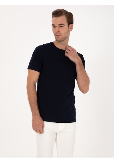 Lacivert Slim Fit %100 Pamuk Bisiklet Yaka Şerit Detaylı T-shirt