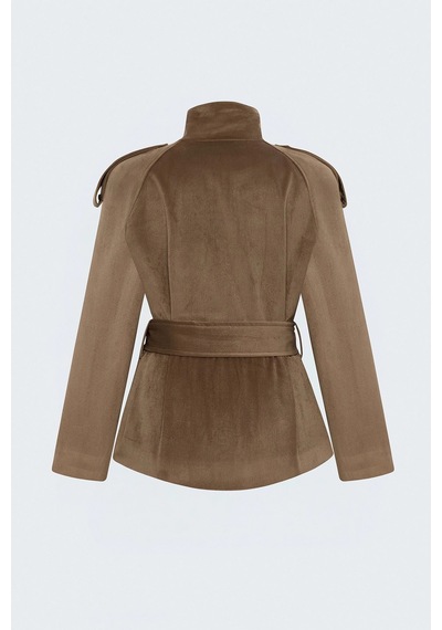 Sateen Dik Yaka Kadife Kısa Ceket Camel