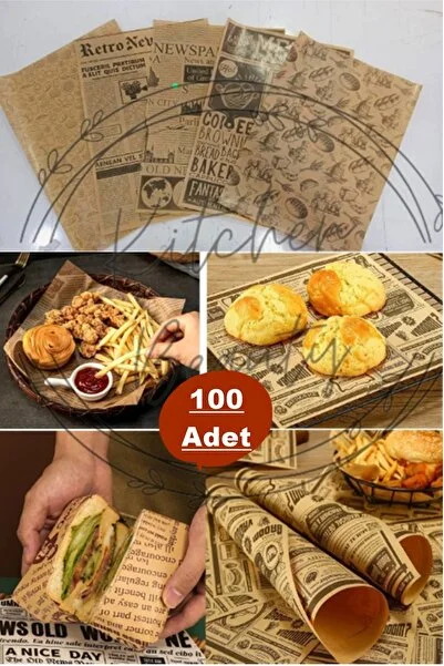 100 Adet Kendinden Desenli Yağlı Kağıt 100 Adet Vintage Gazete Desen Sunum Kağıdı Ahşap