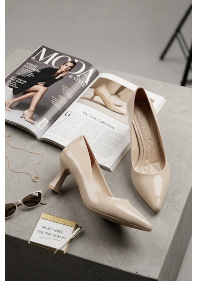 Papuç Sepeti 7021 Klasik 6 Cm Topuklu Kadın Stiletto Ayakkabı Ten