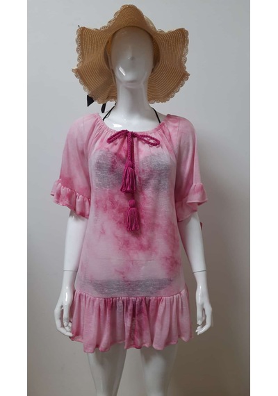 Mayomer Kadın Pembe Batik Desenli Mayo Üstü Elbise Plaj Elbisesi Pareo Pembe