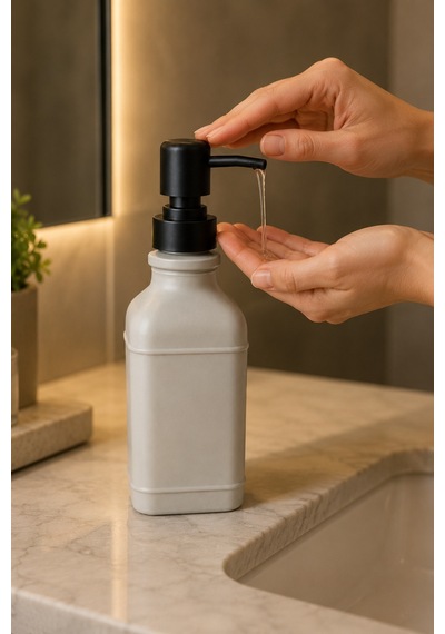 Aura Cam Sıvı Sabunluk 400 Ml Siyah Pompalı Modern Dekoratif Banyo Ve Mutfak Dispenseri - 19,5 Cm X 6 Cm X 6 Cm Gri