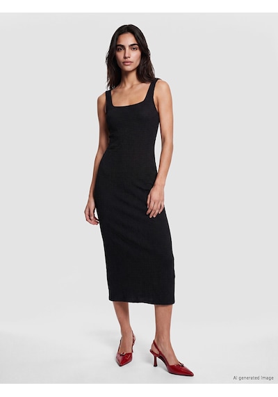 Lcw Vision Siyah Kare Yaka Dokulu Bodycon Elbise
