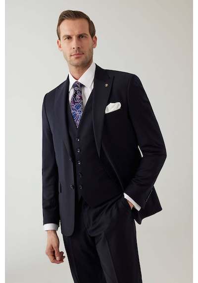 Erkek Lacivert Sivri Yaka Slim Fit Yelekli Takım Elbise