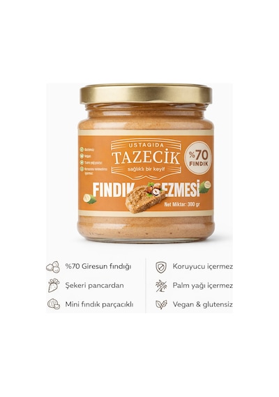 Ustagıda Tazecik %70 Fındık Ezmesi 300 Gram Glütensiz - Vegan