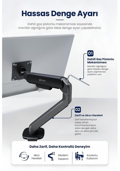 17-34 Lynx Series Gaz Pistonlu Tekli Monitör Kolu, 10 Kg, Vesa 75x75 Ve 100x100 Mm, Yükseklik Ve Açı Ayarlı, Masa K