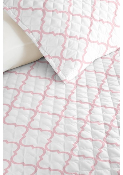 Pembe Geometrik Genç Odası Tek Kişilik Pike Takımı - Modern Beyaz 160x220 Cm Kapitone Yatak Örtüsü Dumanlı Sahil Buharı